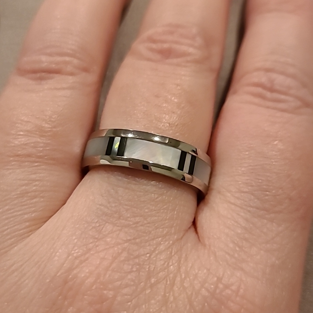 Mother of pearl inlay stainless steel ring unisex
